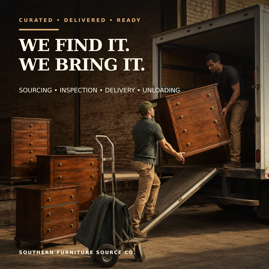 A curated wood dresser being carefully loaded for delivery
