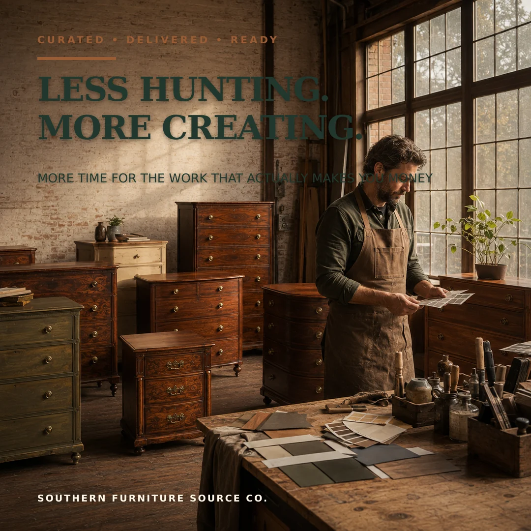 Furniture refinisher working among a curated collection of vintage dressers